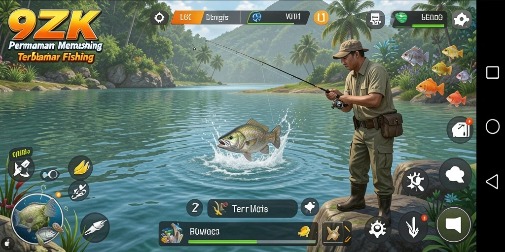 Screenshot gameplay 9ZK menunjukkan momen memancing yang seru dan penuh warna.
