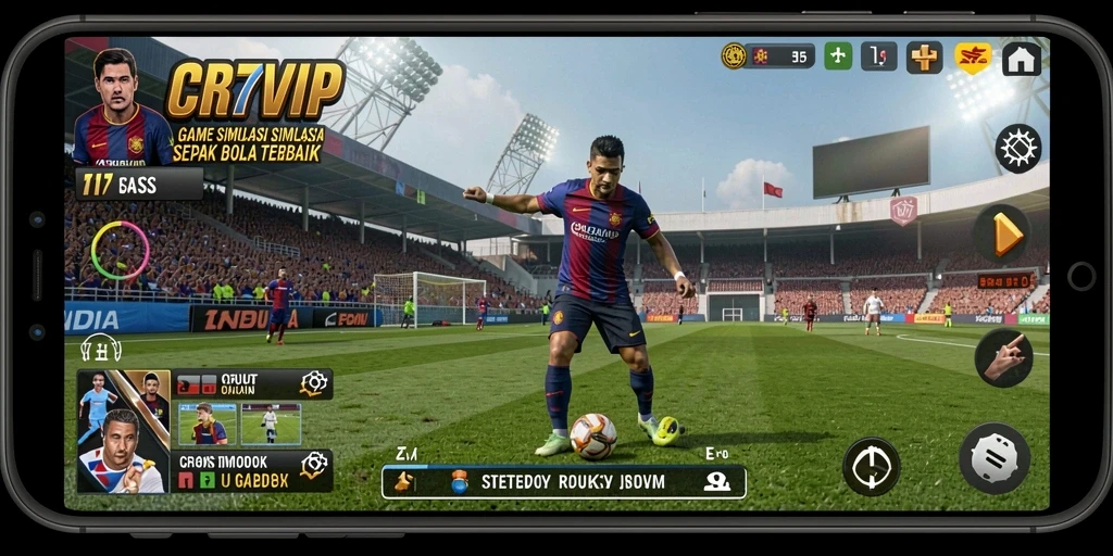 Screenshot gameplay menunjukkan pertandingan sepak bola yang menarik dan strategis.