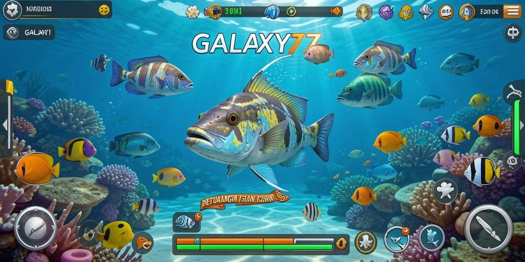Screenshot gameplay GALAXY77 menampilkan aksi menembak ikan yang seru.
