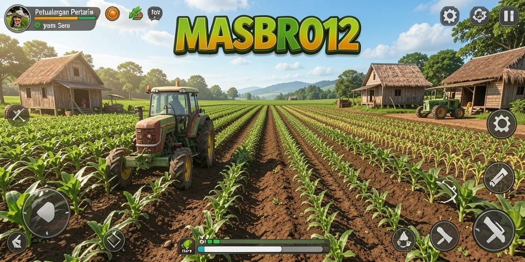 Screenshot gameplay menunjukkan kebun subur dalam <strong>MASBRO12</strong> yang penuh dengan tanaman.