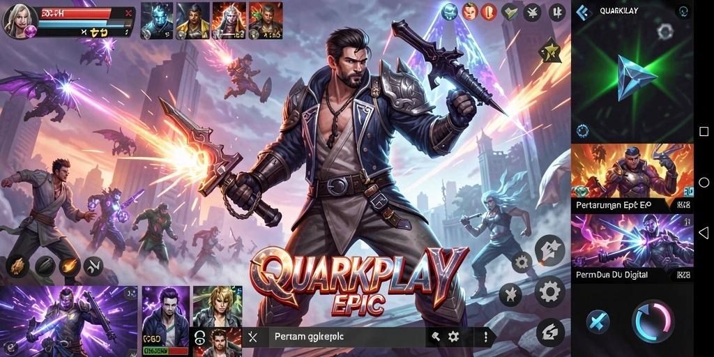 Screenshot gameplay pertarungan epic QUARKPLAY dengan karakter sedang bertarung.
