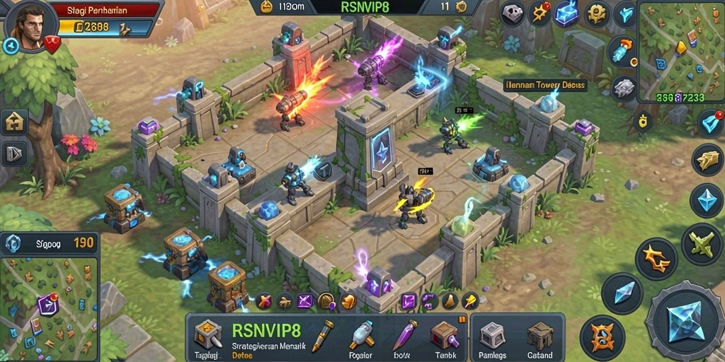 Screenshot utama RSNVIP8 menampilkan aksi seru pertahanan menara.