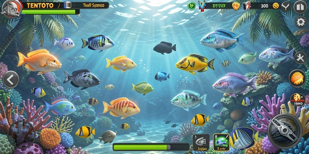 Tampilan gameplay TENTOTO yang menampilkan aksi seru Tembak Ikan.