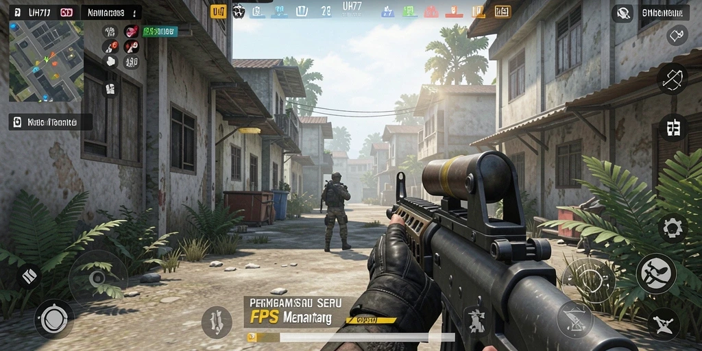 Tangkapan layar UH77 menunjukkan aksi intens dalam gameplay FPS.